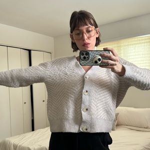 Baby blue and cream chevron chenille cardigan. Brand is FRNCH Paris. Size M/L